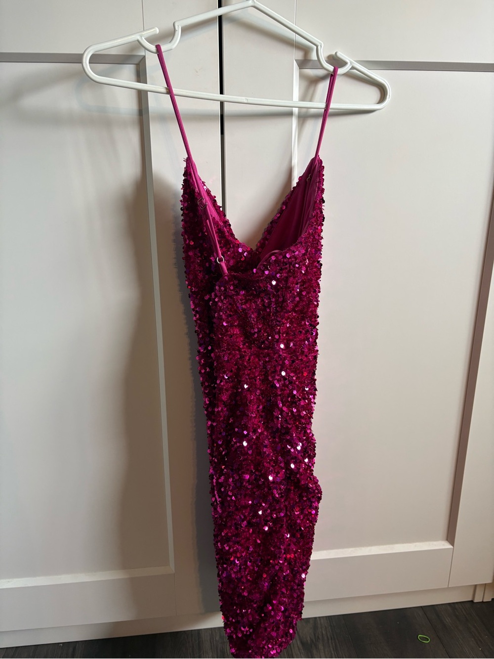 Magenta Sequin Mini Slip Dress with Spaghetti Straps